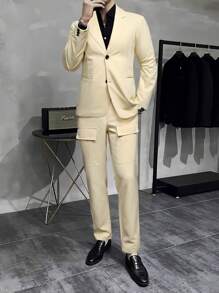 Manfinity Mode Men'S Notched Collar Single Breasted Suit Jacket And Suit Pants Set - Yellow - View 4