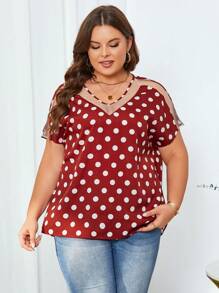 SHEIN Clasi 大尺寸波點拼接網紗蝙蝠袖襯衫 - 紅白色 - 查看 1