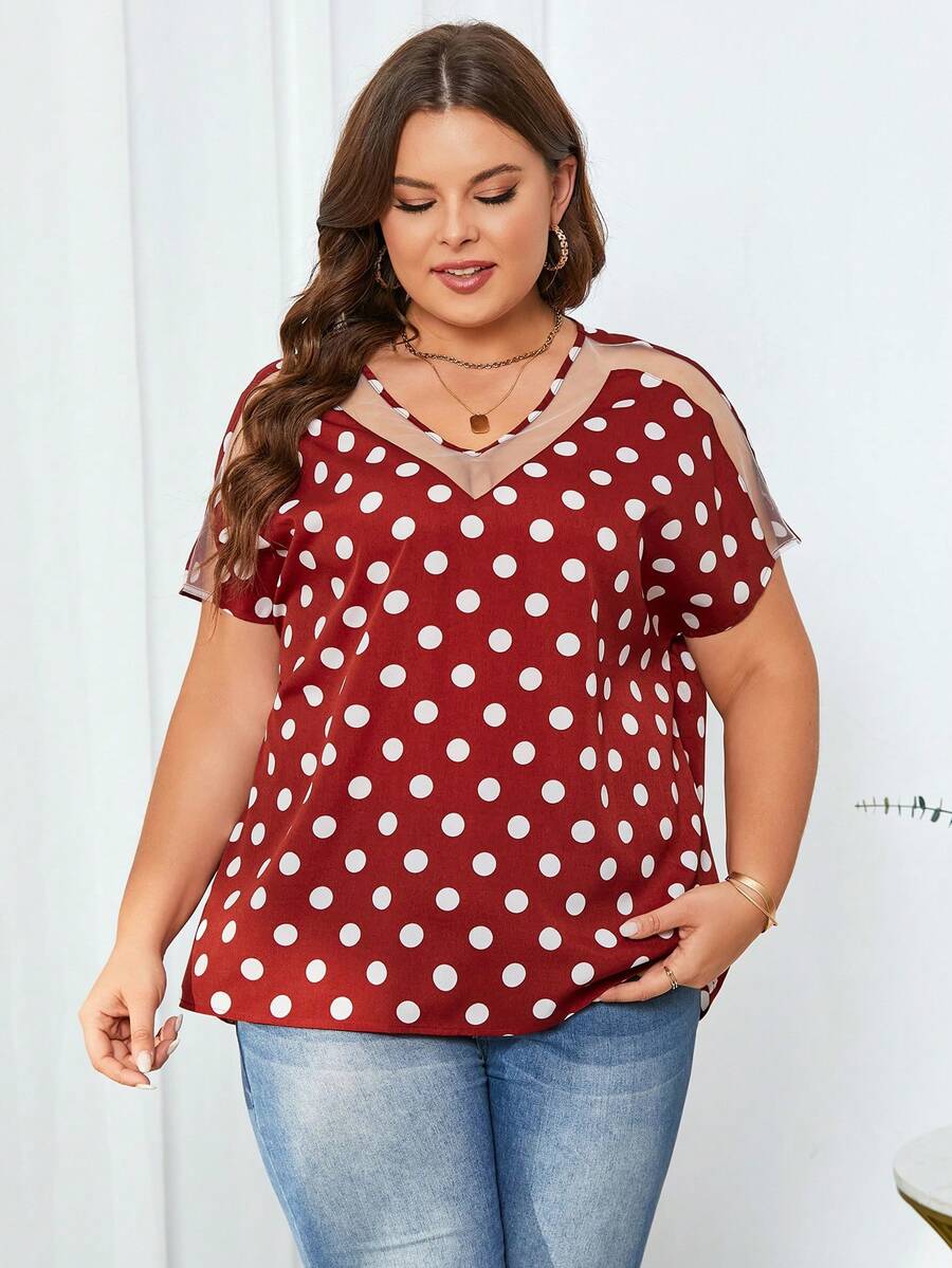 SHEIN Clasi 大尺寸波點拼接網紗蝙蝠袖襯衫 - 紅白色 - 查看 1