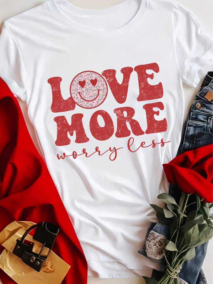 女式休閒寬鬆短袖T恤，印有情人節標語印花，適用於夏季 - 白色 - 查看 1