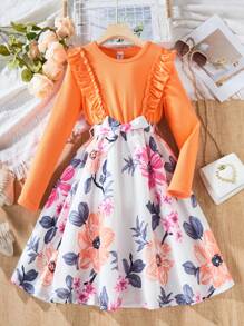 SHEIN Cô gái Hoa In Vá lại Xù Hoa Sen Tay áo dài Đầm - Màu Cam san hô - Xem 1