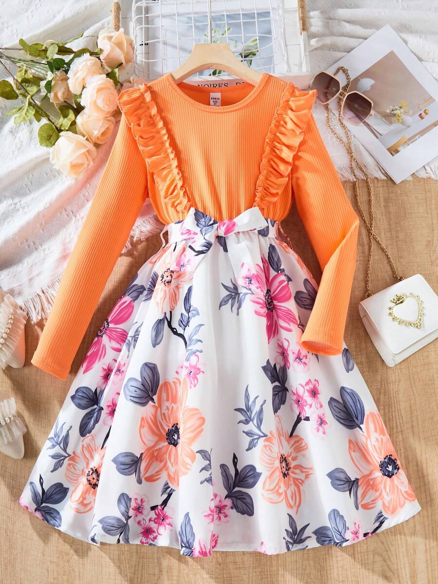 SHEIN Cô gái Hoa In Vá lại Xù Hoa Sen Tay áo dài Đầm - Màu Cam san hô - Xem 1