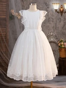 SHEIN Vestido de tul con cuello redondo estilo princesa de ensueño y manga corta para niñas preadolescentes - Blanco - Ver 1