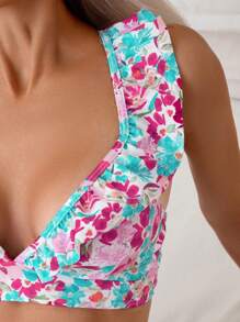 Swim Mod 花卉印花荷葉邊比基尼套裝，裝飾性邊緣設計，海灘裝泳衣夏季