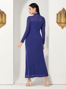 Modelyn Vestido De Manga Larga Para Mujer Con Cuello Alto Y Detalles De Malla - Azul - Ver 7