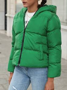 EURMUSE Zip Up Hooded Puffer Coat - Green - View 4