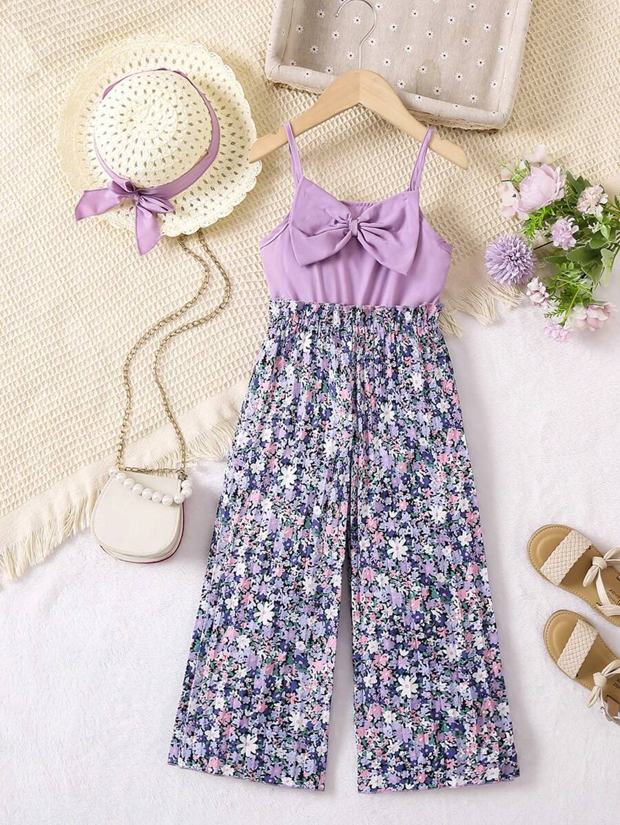 SHEIN 年輕女孩花卉圖案連體褲,帶蝴蝶結裝飾和遮陽帽,適合度假