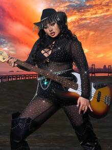 SHEIN SXY Plus Size Spring Summer  Rave Party Music Festival Country Concert Cross Strap Rhinestone Decorated Bodycon Jumpsuit - Black - View 5