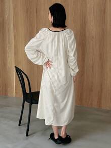 Của phụ nữ Xếp li Tay áo Sọc Tay áo dài Đầm - Màu Khaki - Xem 5