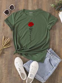 SHEIN 覆蓋玫瑰花圖案及字母印花的圓領t恤 - 軍綠色 - 查看 3