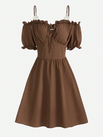 Fairycore Solid Frill Trim Cold Shoulder Dress
