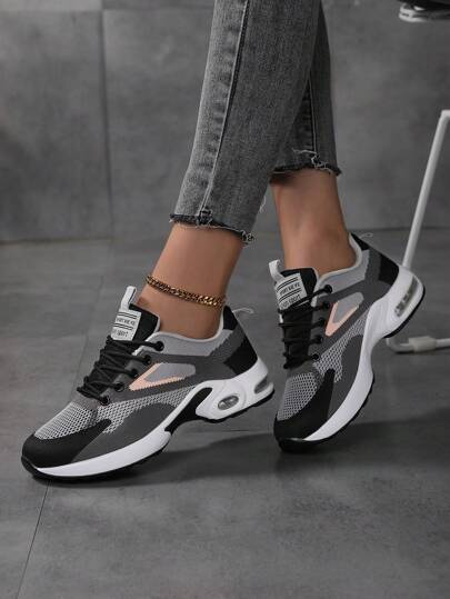 2025 Autumn Women's Solid Color Mesh Sneakers, Lace Up Breathable Flat Air Cushion Sporty Trainers, Lightweight Low-Top Shoes