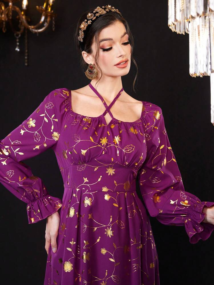 Women's Floral Print Halter Trumpet Sleeve Dress In Gold Long Evening Dresses Fall Cloth For Women