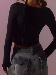 SHEIN ICON Women's Solid Slim Fit Cropped T-Shirt - Black - View 2