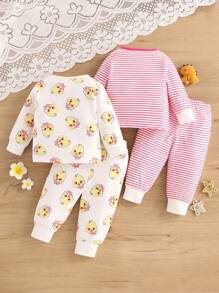 Baby Girl Cute Duck & Striped Pattern Printed Top And Long Pants Multiple Piece Set