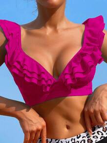 Swim Vcay Women's Solid Color Splice Ruffle Trim Bikini Top, Beach Bathing Suit Summer Beach Tops - Hot Pink - View 3