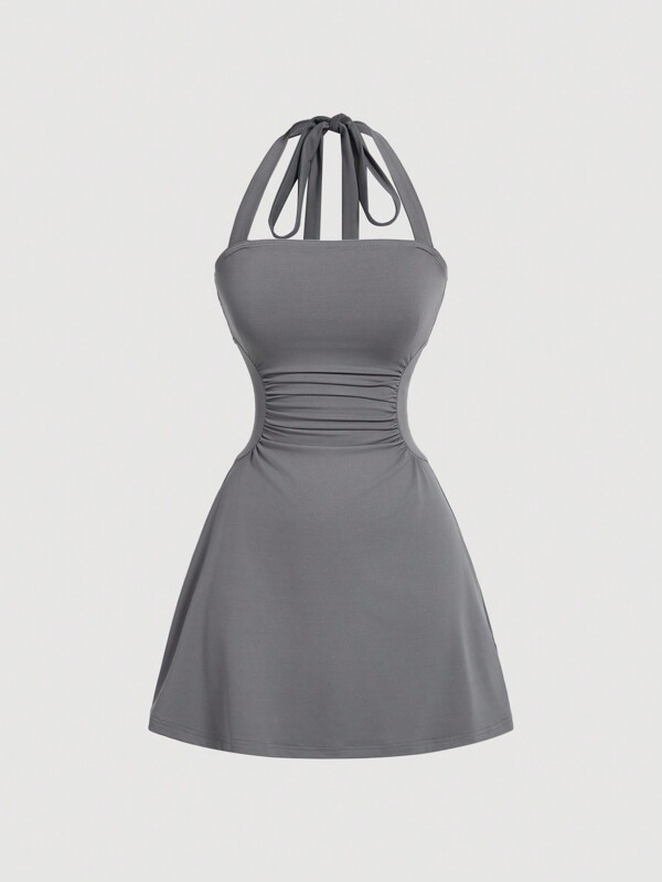 SHEIN MOD Women's Gray Halter Neck & Cinching Waist A-Line Mini Dress,Summer Dresses For Women
