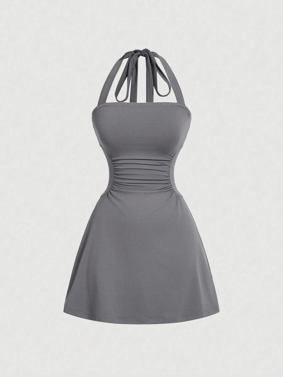 SHEIN MOD 女士灰色露背收腰A字迷你连衣裙，夏季女装 - 灰色 - 查看 1