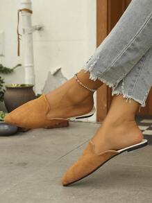 Oversized Women's Gold Pointed Toe Slip-On Flat Mules, Size 35-45, Outdoor & Casual PU Upper Soft Bottom Loafers, Stylish Slip-On Wearing Slippers Suitable For Dresses, New Arrival For Autumn