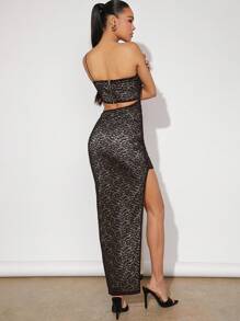 Hauture Ladies' Asymmetrical Lace Hollow Out High Slit Spaghetti Strap Dress - Black - View 2