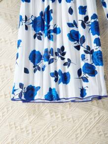 Tween Girl Solid Color Top And Floral Printed Pleated Wide Leg Pants Set - Royal Blue - View 8