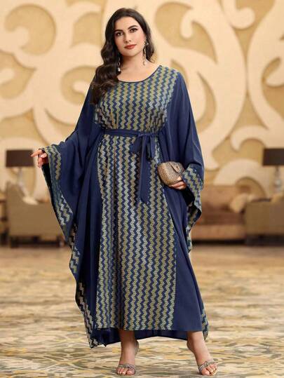 Al Najma Plus Size Printed Patchwork Batwing Sleeve Dress Kaftan Jalabiya Dress