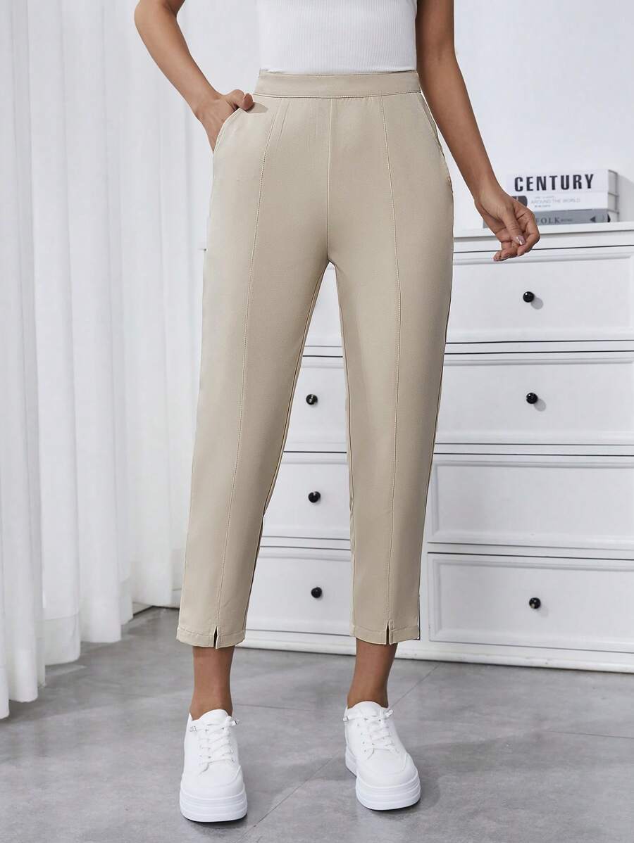 SHEIN Essnce سروال نسائي مدبب بلون سادة عارض - لون مشمشي - مشاهدة 1