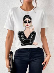 SHEIN Essnce Casual American Style Graphic Print Short Sleeve Crew Neck Fitted T-Shirt For Women, Suitable For Summer - White - View 7