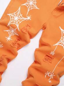 万圣节男士蜘蛛网印花破洞牛仔裤 - 橘色 - 查看 4