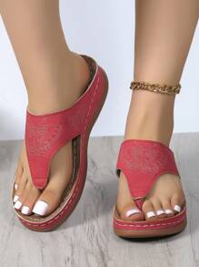 Của phụ nữ Nêm Gót chân Dày Đế Dép xăng đan Với Dấu phân cách ngón chân , Thêu Bướm , Khóa Khép kín Và Polyurethane Đế Với Nhỏ xíu Thông thoáng Hố - Đỏ - Xem 1