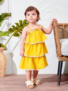 SHEIN Baby Girl Cute Vacation Style Ruffle Trim Floral Pattern Spaghetti Strap Dress