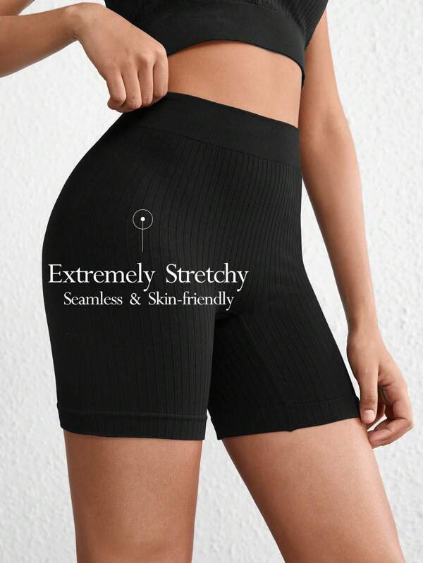 Ocili Ocili Leisure Extremely Stretchy Seamless & Skin-Friendly High Rise Comfortable Solid Wide Rib Antiexposure Safety Shorts -Black