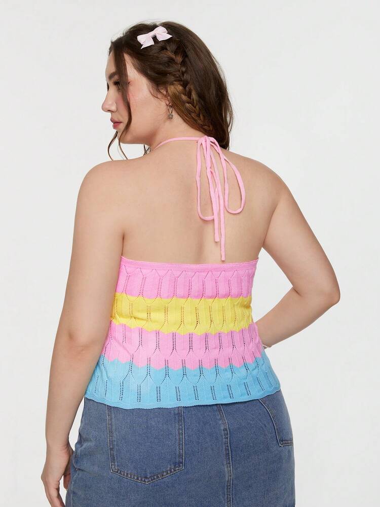 Plus Size Blue, Pink, Yellow Color Block Halter Knitted Top