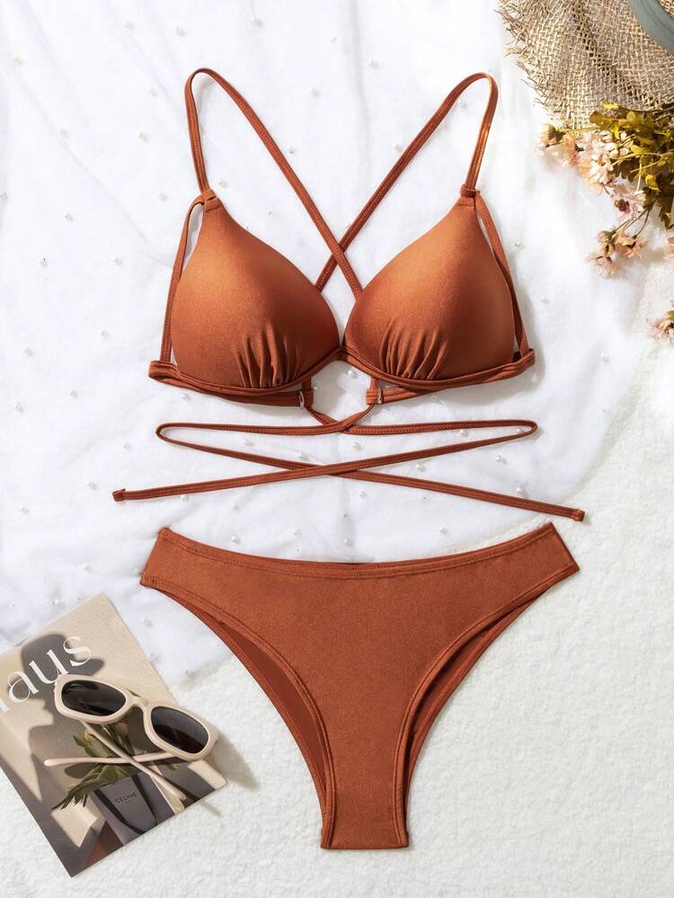 Solid Color V Neck Spaghetti Strap Bra & Swim Bottom Bikini Set, Separated Swimming Suit Bathing Suit For Summer Beach