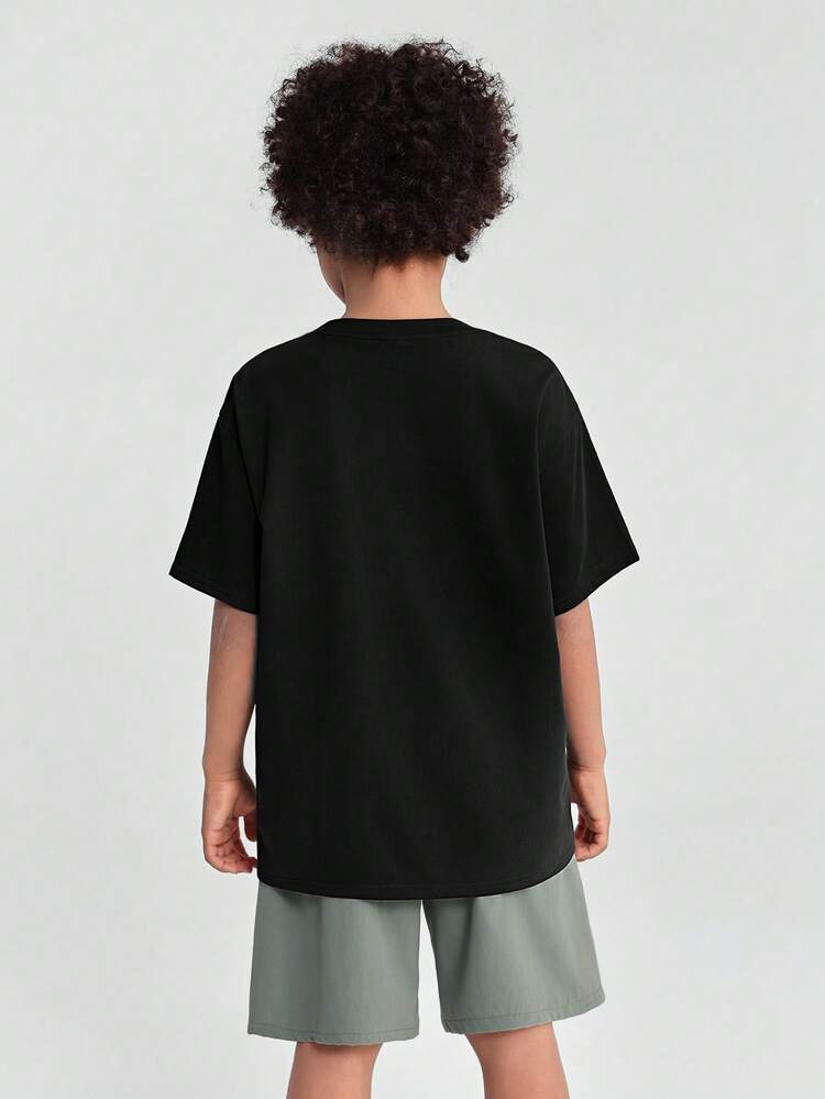 Tween Boy Knit Slogan Print Oversized Short Sleeve T-Shirt With Slanted Pocket And Shorts Casual 2pcs/Set