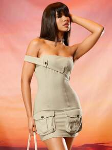 SHEIN BAE Culoare uni Decorație cu centură pe un umăr Rochie fără bretele, cu buzunar 3D, cu blocare a culorii, pentru festival de muzică, rochie versatilă Y2K la modă și șic. - Kaki - Vizualizare 6