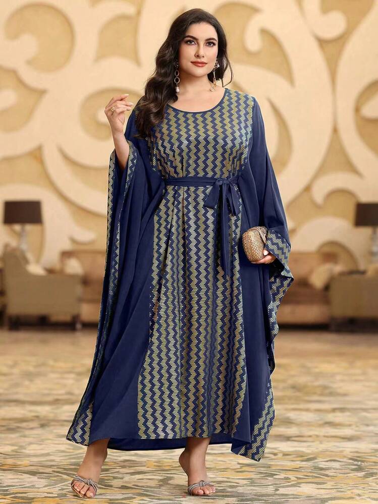 Al Najma Plus Size Printed Patchwork Batwing Sleeve Dress Kaftan Jalabiya Dress - Navy Blue - View 4
