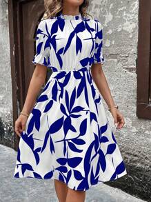 SHEIN Clasi Women's Plant Printed Asymmetrical Cut Ruffle Stand Collar Puff Sleeve Dress Maxi Women Outfit