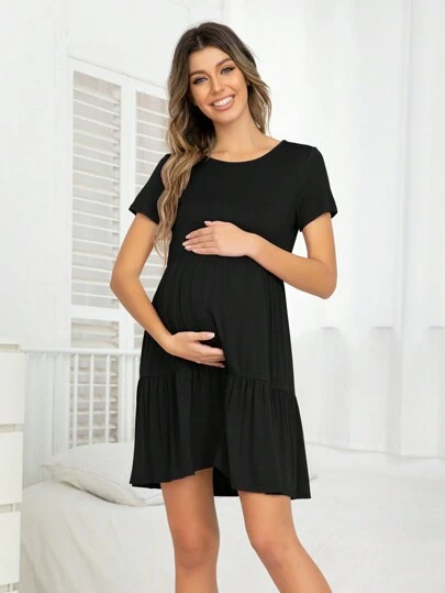 DEARCASE 夏季孕妇休闲荷叶边纯色连衣裙