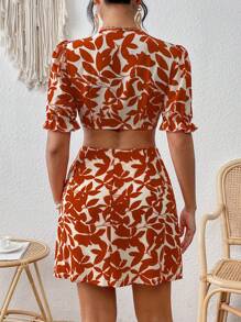 Breezaya Ladies' Plant Printed Tie Front Cropped Top And Skirt Set - Orange - View 2