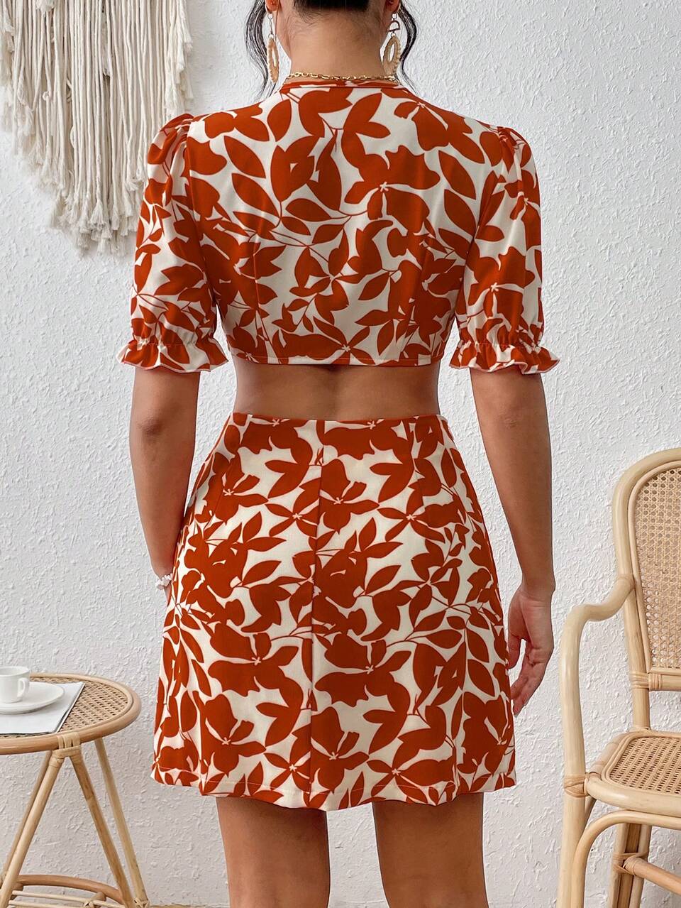 Ladies' Plant Printed Tie Front Cropped Top And Skirt Set