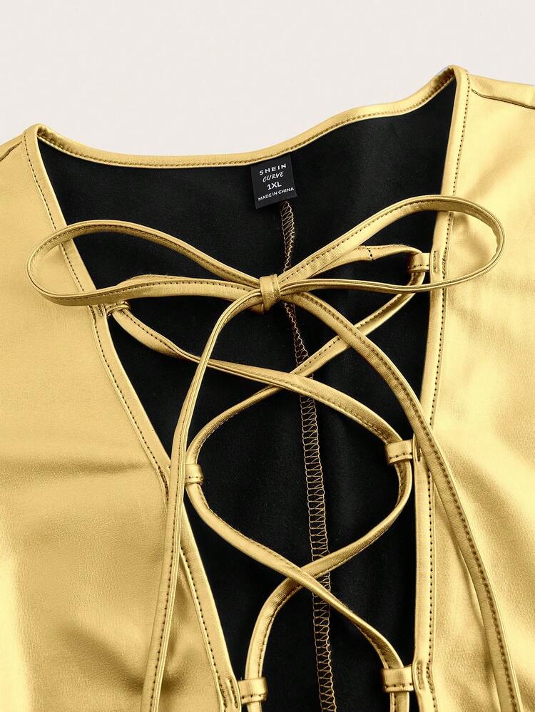 Plus Size Women's Metallic Fabric Dress With Front Tie Design