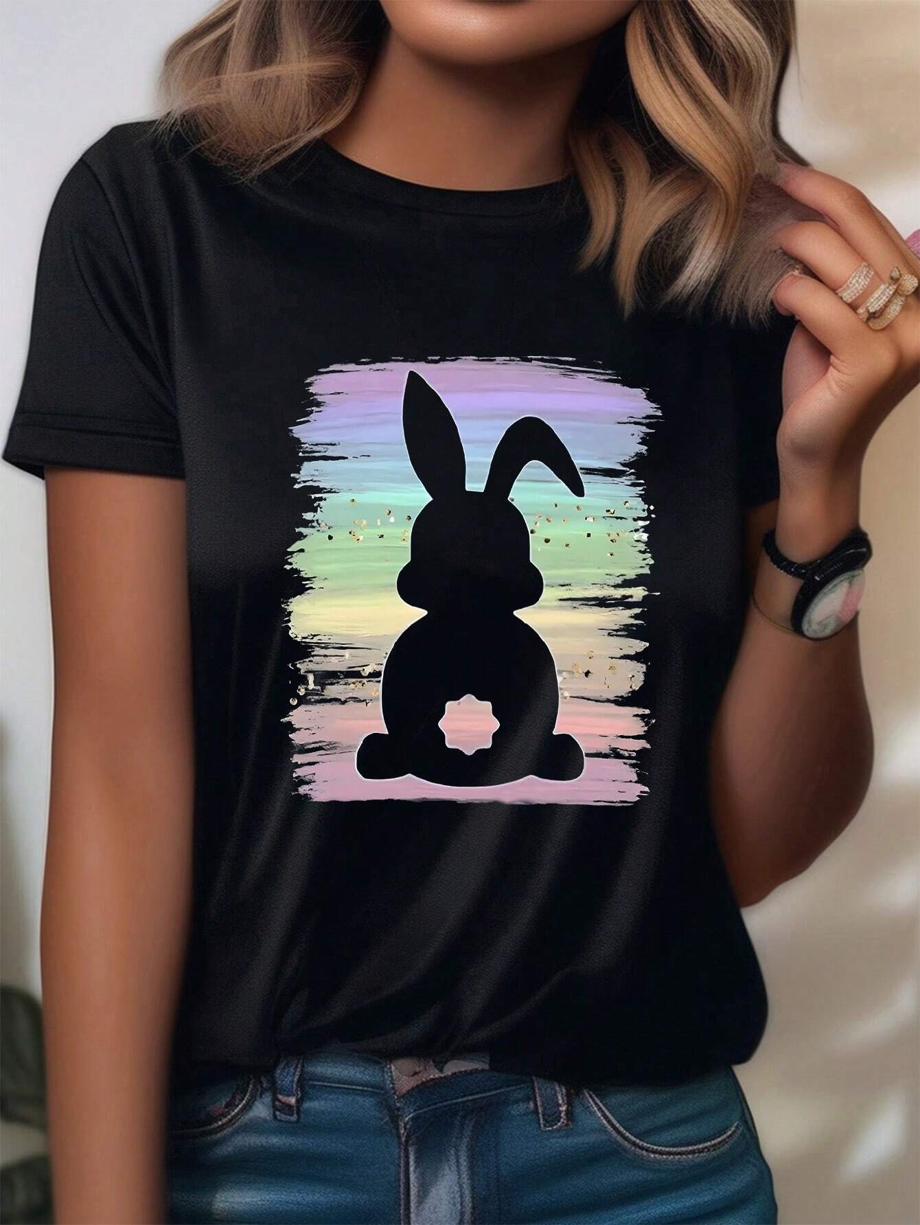 Top Shein Rabbit SHEIN LUNE Rabbit Print Short Sleeve T-Shirt | SHEIN UK