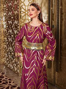 Al Najma Women'S Arabian Back Tie Plant Printed Dress, Evening Modest Jalabiya