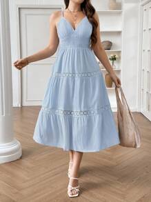 Celure Kích thước lớn Nối Nước Xù ren Hem Váy Dây - Màu xanh lam - Xem 3