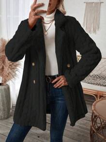 SHEIN LUNE Double Breasted Lapel Neck Teddy Coat - Black - View 5