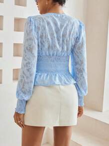 GENKIRA 花卉剪裁v領腰帶長袖襯衫 - 藍色 - 查看 2