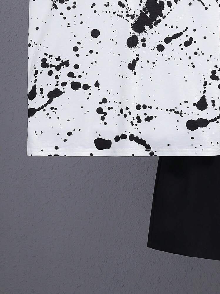 SHEIN Conjunto De Camiseta De Punto Con Cuello Redondo Y Manga Corta Con Impresión De Tinta Y Pantalones Cortos De Tejido Sólido Para Chico Adolescente (2 Piezas) - Blanco y Negro - Añade 4