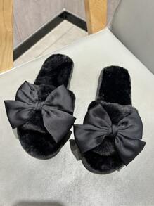 Fall/Winter Women's Elegant Black Bowknot Flat Plush Open Toe Slippers For Valentine's Day, Party And Home,Fluffy Slippers - Black - View 5