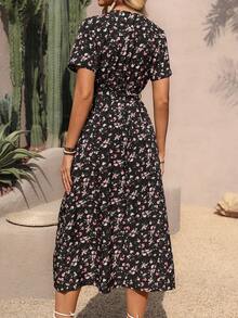 SHEIN VCAY 女士短袖花卉印花分裂擺連衣裙 - 彩色 - 查看 2